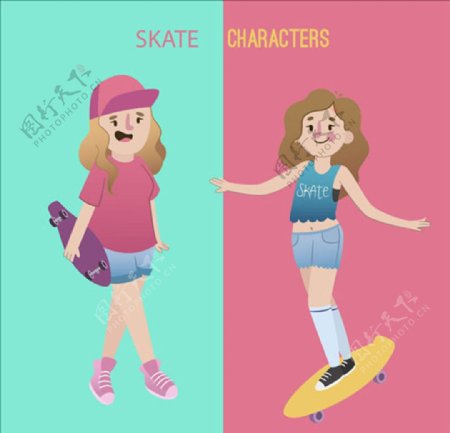 卡通滑滑板的女生插图