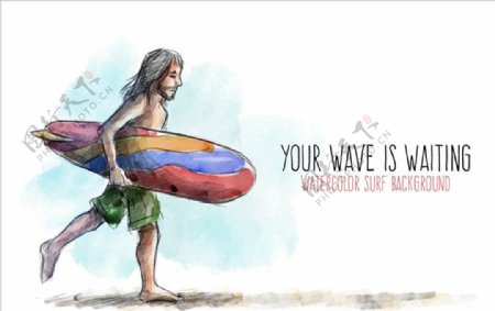 手绘水彩去冲浪的男子海报