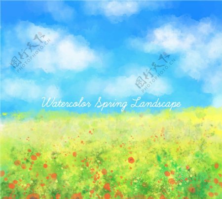 水彩绘蓝天下的花丛风景矢量素材
