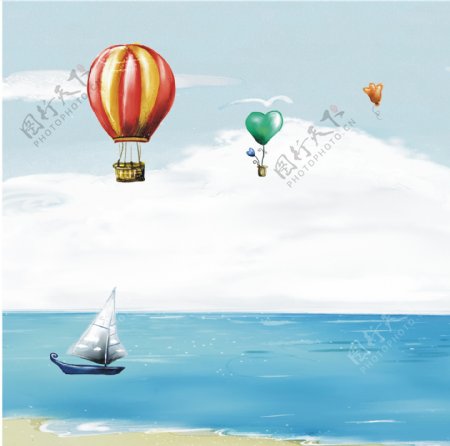 卡通热气球大海小船天空