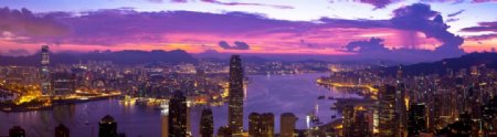 香港傍晚璀璨夜景全景