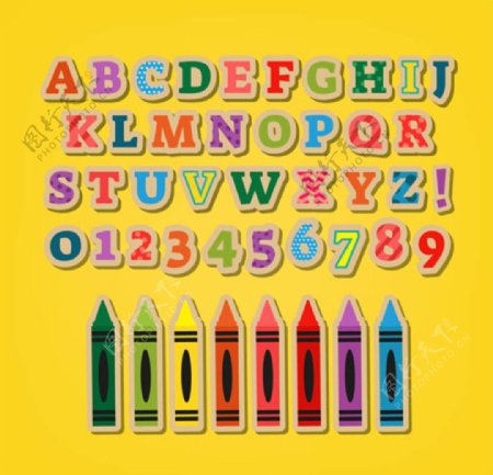 儿童孩子七彩蜡笔字母数字