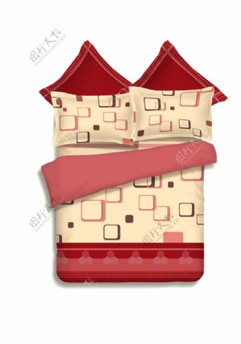 红色格子图案床上用品四件套模型