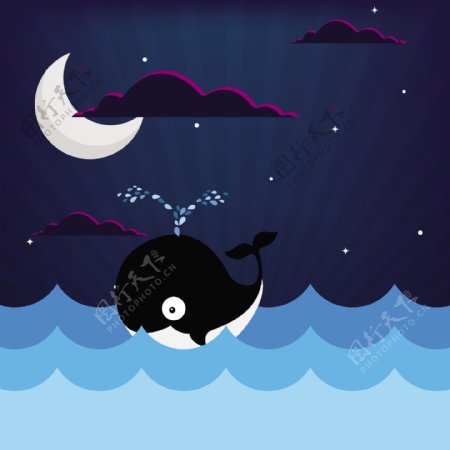 海面背景新月鲸鱼图标彩绘免费矢量