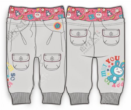 花纹长裤小女孩服装设计彩色原稿矢量素材