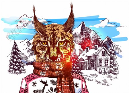 豹猫雪山冬季动物拟人装饰画矢量