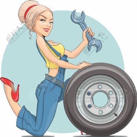 女性汽车修理工插画