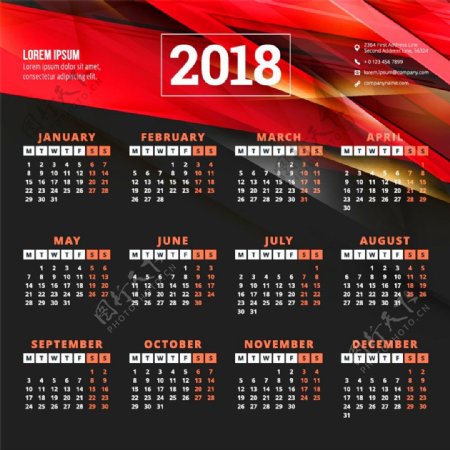 红色曲线2018日历图片