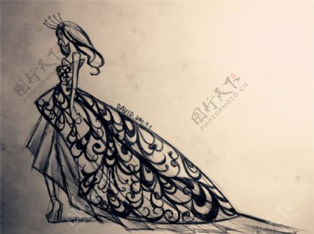 黑色花纹婚纱长裙设计图