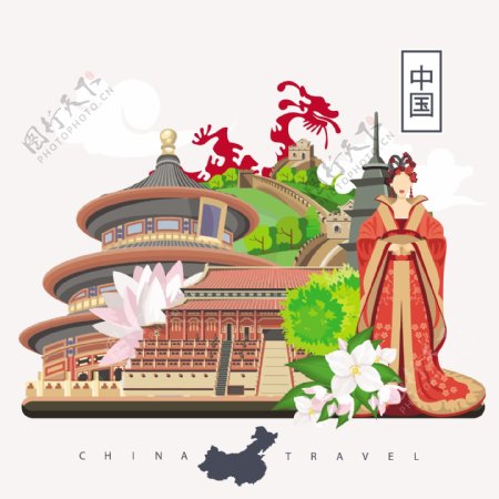 中国传统文化人物扁平化旅游矢量设计素材