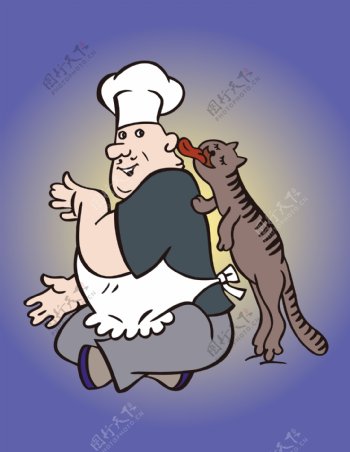 卡通插画之厨师与猫