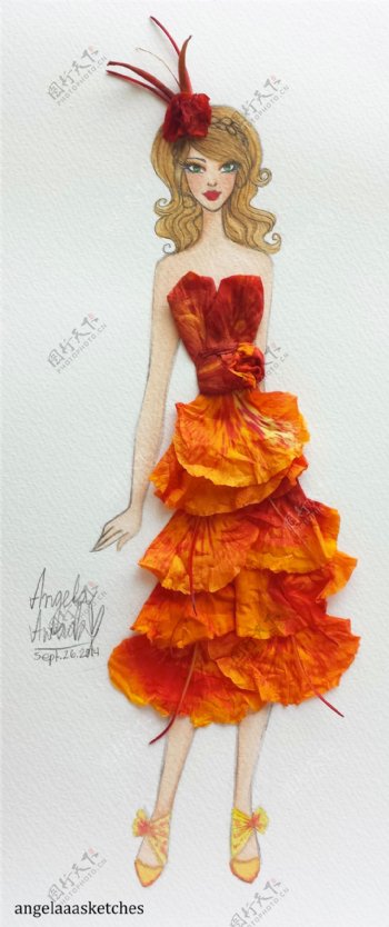 橙色花瓣灵感抹胸裙设计图