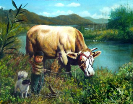 油画放牛的儿童图片