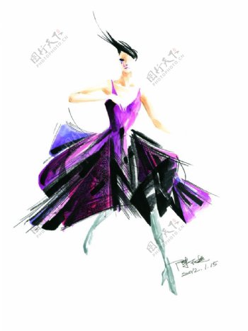 紫色连衣裙设计手绘图