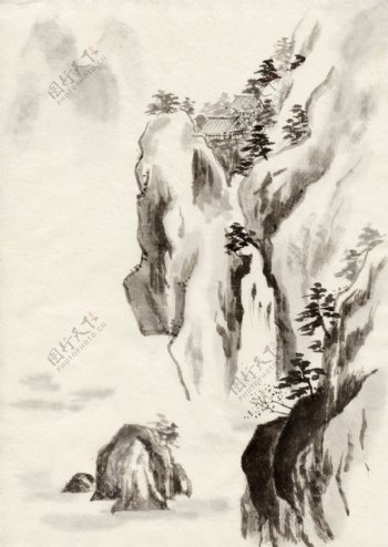 水墨风景悬崖上的瀑布图片图片
