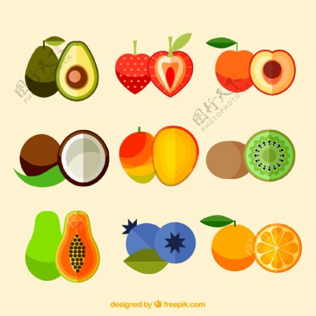 9款扁平化水果和切片矢量图