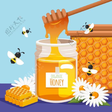 美味瓶装蜂蜜和蜜蜂矢量