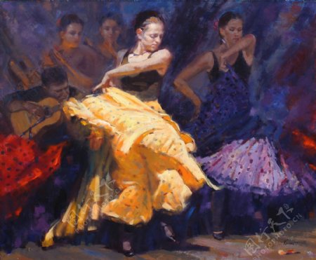 跳舞的外国女孩油画图片