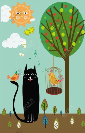 鸟类的猫背景五彩卡通装饰免费矢量