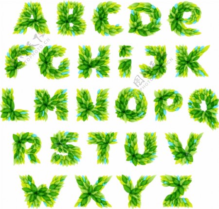 绿色树叶装饰艺术英文字母矢量素材下载