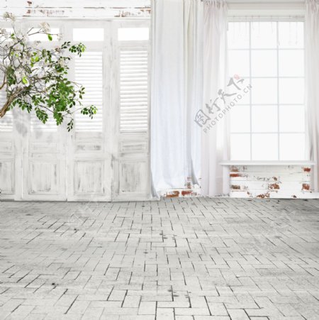 室内白色窗帘门窗影楼摄影背景图片