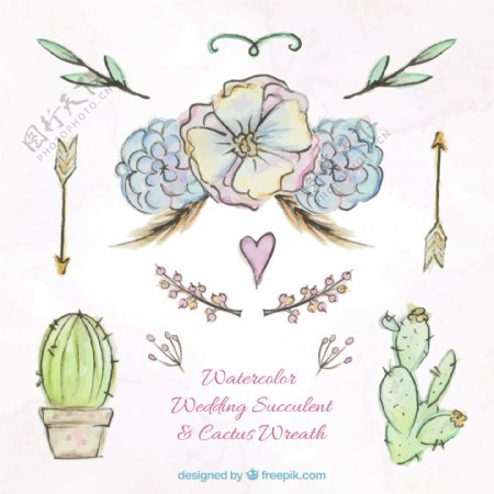 7款水彩绘婚礼植物和装饰矢量图
