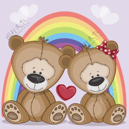 手绘卡通彩虹下的两只小熊
