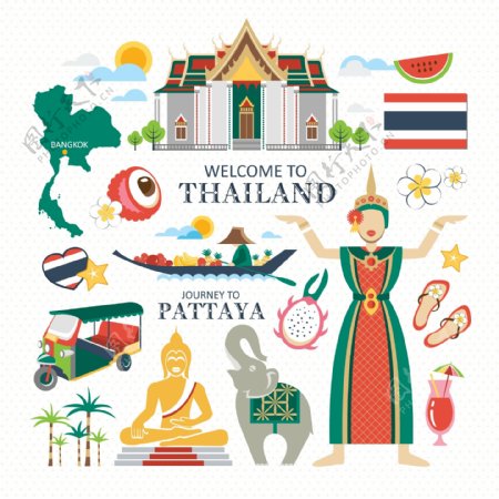卡通泰国人物旅游场景海报元素矢量素材
