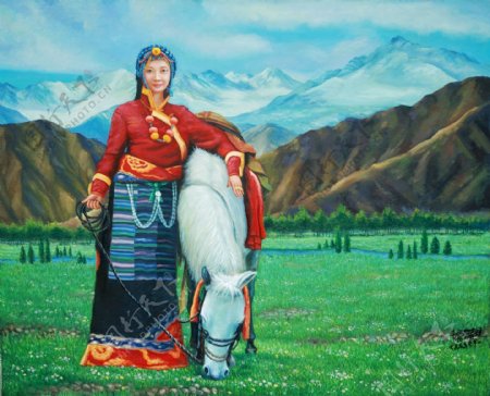 藏族美女油画图片