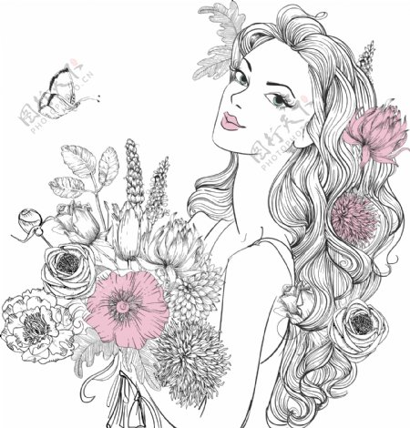 手绘女人和花朵
