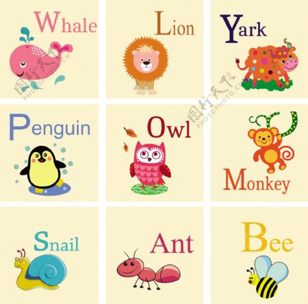 免费教育字母集与可爱的动物插图向量