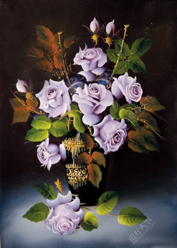 玫瑰花瓶静物油画图片