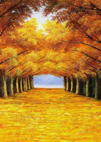 美丽秋天枫树林风景油画图片