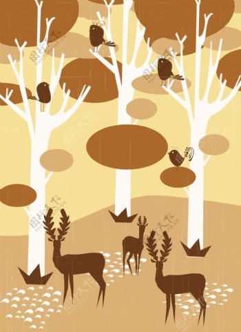 森林动物与大树背景图