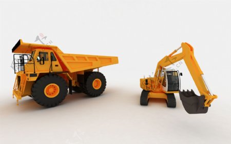 挖掘机与重型运载货车图片