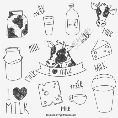 手绘奶牛与牛奶制品矢量素