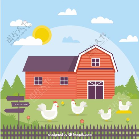 漂亮农场房屋母鸡公鸡和小鸡插图
