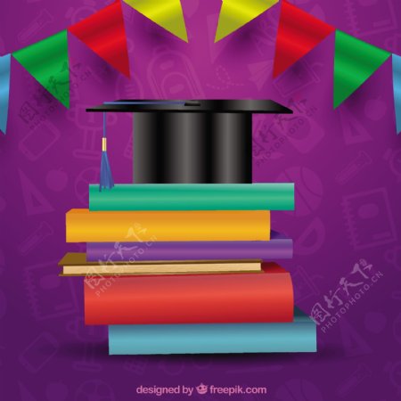 学位帽书籍毕业紫色背景