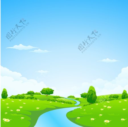 绿色草地河流蓝天背景