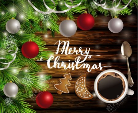 圣诞节咖啡和圣诞球图片