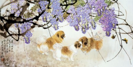 小狗与花朵插画背景图片