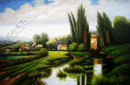 美丽村庄风景油画图片