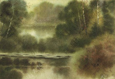 森林湖景水墨图图片