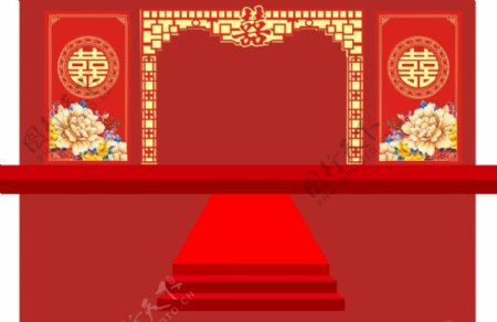 婚礼舞台中式牡丹花喜字红色古典