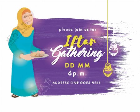 RamadanKareem开斋聚会邀请卡的设计抽象的笔触背景与妇女提供食物的插图