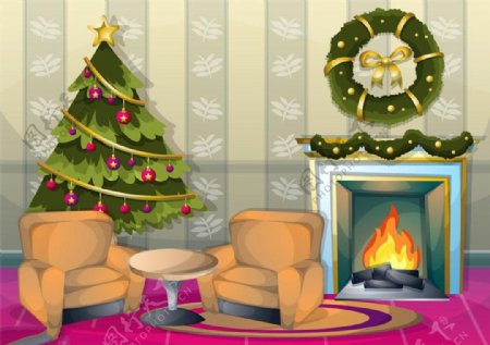 房屋里的家具与圣诞树图片