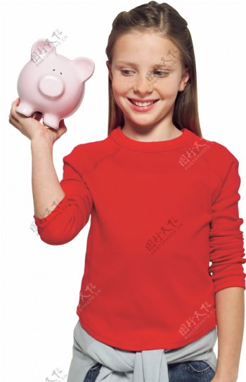 手托储钱猪的小女孩图片