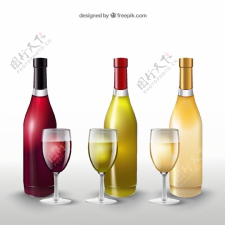 3组精美葡萄酒和酒杯矢量图