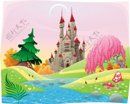卡通树与卡通城堡风景