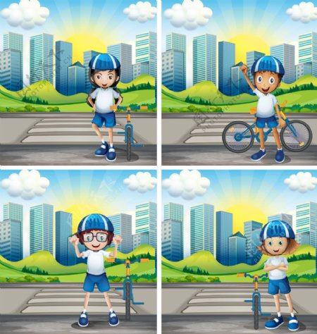 四个戴头盔和自行车的孩子在街上的插图